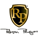 logo robson peluquero negro y dorado con la firma de robson peluquero debajo en negro