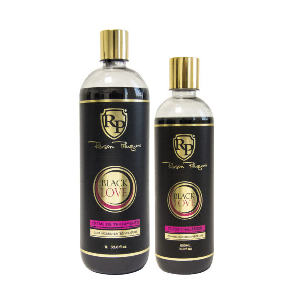 Kit completo del Alisado Black Love de Robson Peluquero. Una botella de 1 litro de Tratamiento Black Love y una botella de 500ml de Fluido Finalizador Black Love de la marca Robson Peluquero.