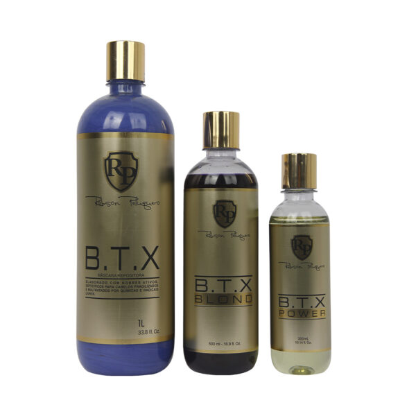 Kit completo de 3 botellas de tratamiento B.T.X de Robson Peluquero. B.T.X Mascarilla de 1L, B.T.X Blond de 500ml y B.T.X Power de 300ml.