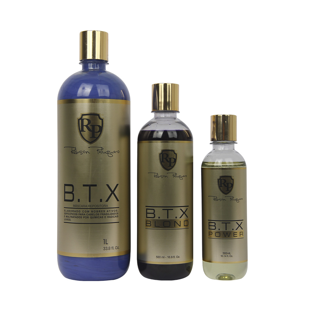 Kit completo de 3 botellas de tratamiento B.T.X de Robson Peluquero. B.T.X Mascarilla de 1L, B.T.X Blond de 500ml y B.T.X Power de 300ml.