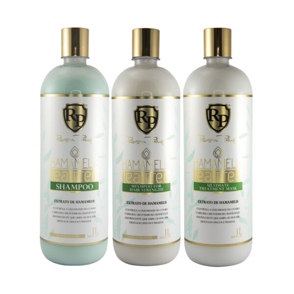 Kit completo Hamamelis Tea Tree Profesional de Robson Peluquero con 3 botellas de 1 litro. Champú para cuero cabelludo, champú "Shampoo for Hair Strength" para medios y puntas y Mascarilla "Ultimate Treatment mask".