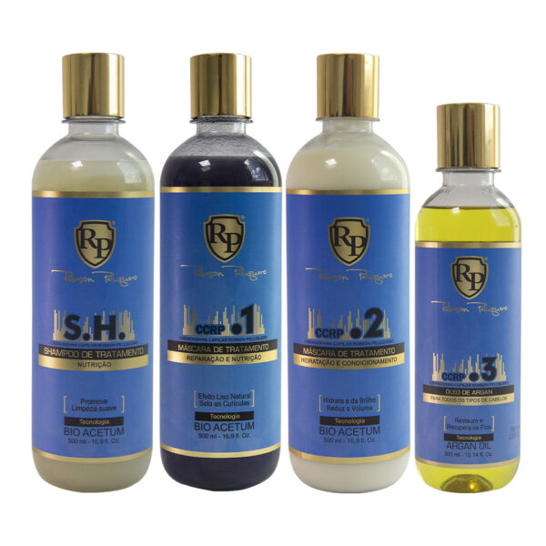 Kit completo de 4 pasos de CCRP de la marca Robson Peluquero. Champú de 500ml, Paso 1 reconstructor de 500ml, Paso 2 mascarilla de 500ml y Paso 3 aceite de argán de 300ml