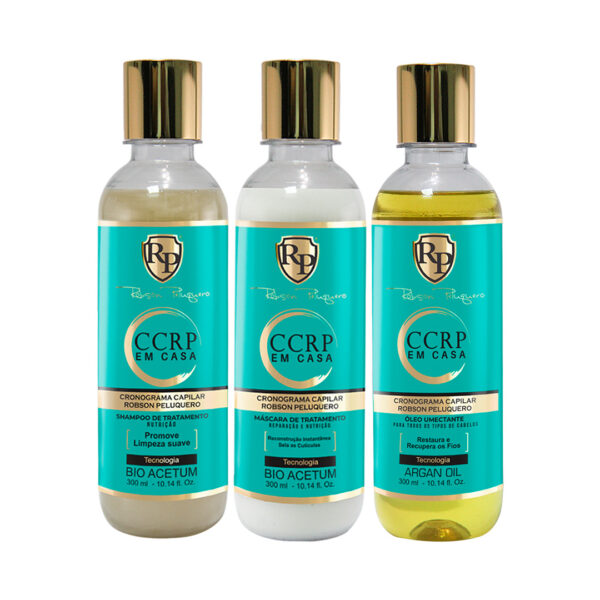 kit completo de CCRP Home Care de Robson Peluquero. Tres botellas de 300ml. Un champú, una mascarilla y un finalizador de aceite de argán.