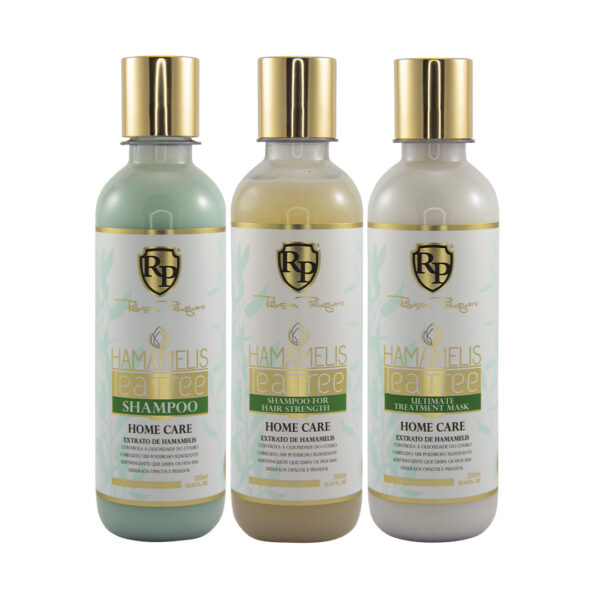 3 botellas de 300ml de la línea Hamamelis Tea Tree Home Care de Robson Peluquero. 1 champú para cuero cabelludo, 1 champú para medios y puntas y 1 mascarilla