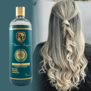 Bote de Matizador Green Toner de Robson Peluquero sobre un cabello con tonos perlados.